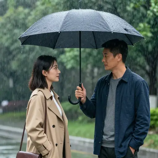 他把伞举在她头上为她挡雨。