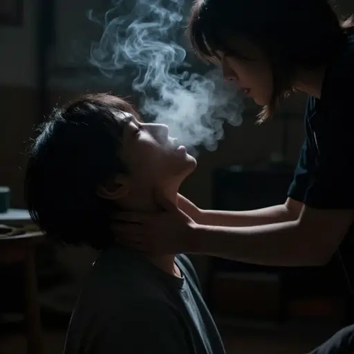 在黑暗中，我能感觉到他的呼吸喷在我的脖子上。