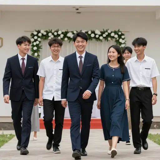 仪式结束后，他的朋友们急忙去祝贺他。