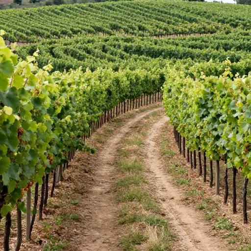 一条步行小径蜿蜒穿过葡萄园茂盛的藤蔓。