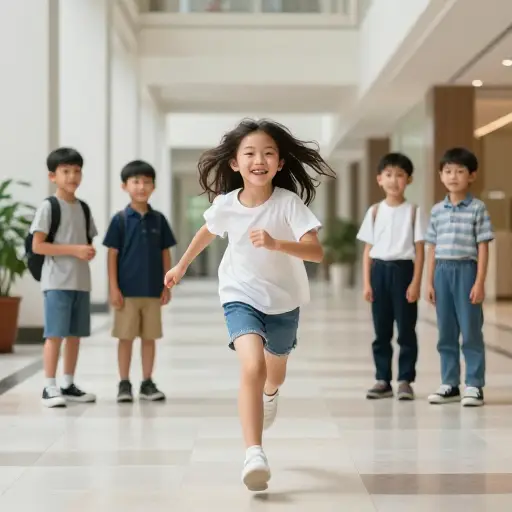 她兴奋地跑下大厅去迎接她的堂兄弟姐妹。
