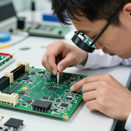 工程师仔细检查了印刷电路板上的每一个电路。