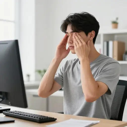 在电脑前坐了一整天后，我做些伸展运动来放松眼睛和背部。