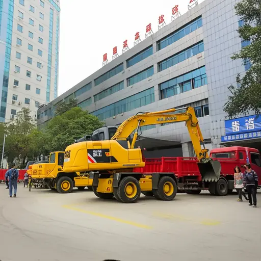 施工车辆挡住了医院入口。