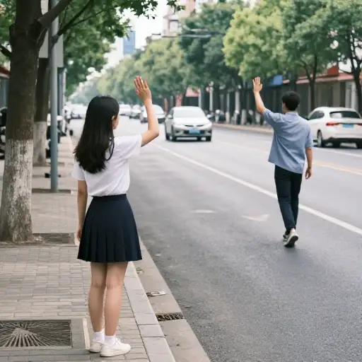 她隔着街道也向他挥手回应。