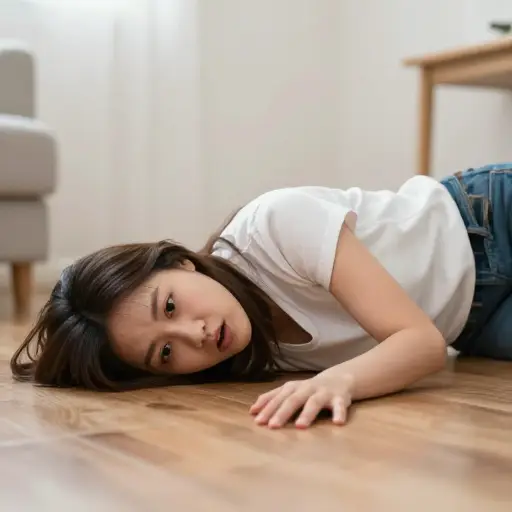 她突然明显地摔倒在地板上。