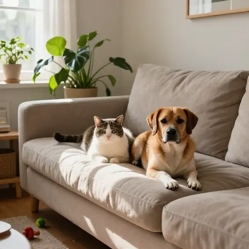 猫和狗在这个家庭里和谐共处。