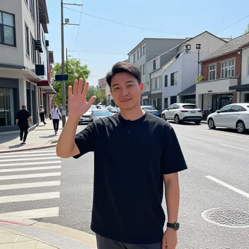 他从街对面友好地挥了挥手。