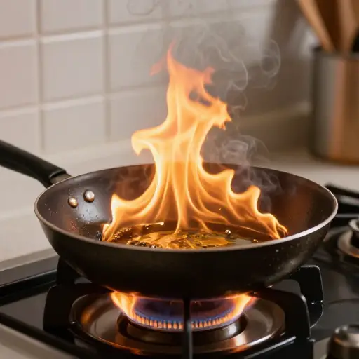 昨晚发生了一点小意外，煎锅里的油着火了。