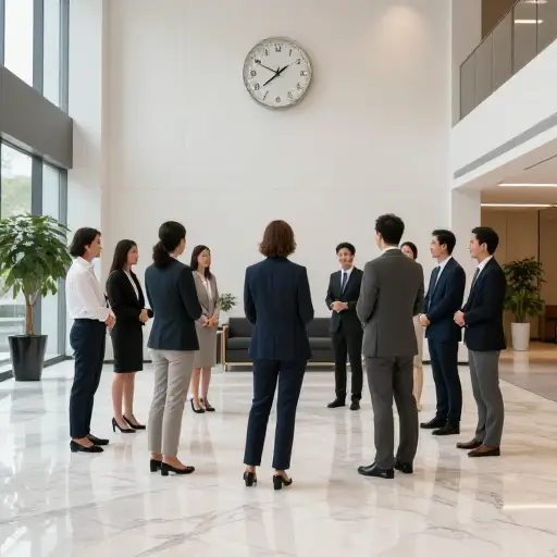 根据安排，全体员工明早九点在大厅集合。