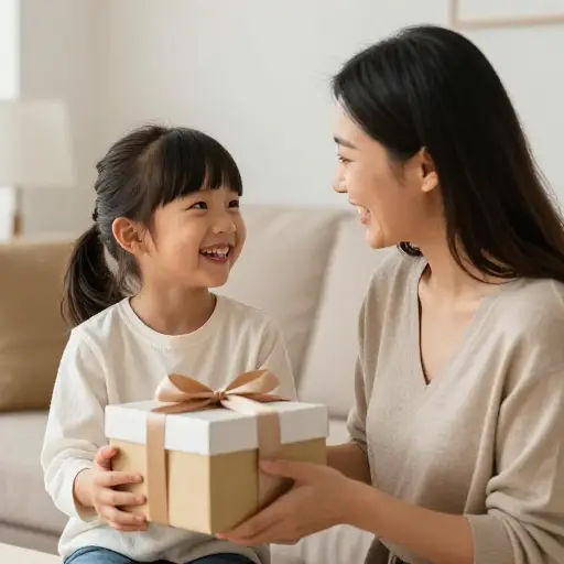 孩子收到礼物后对她妈妈咧嘴笑了。