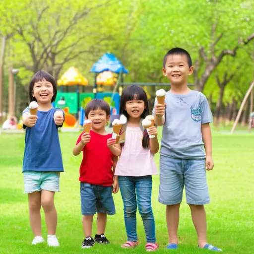 孩子们在公园里开心地吃着冰淇淋。