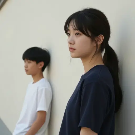 她转过身，看见这个男孩靠在墙上。