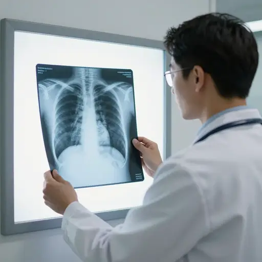 医生用X光检查了他的胸腔是否有异常。