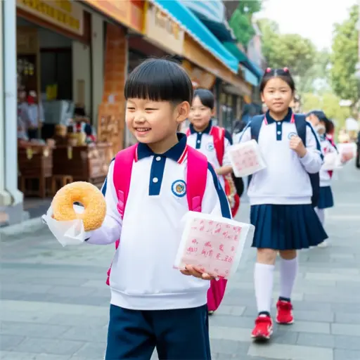 孩子们很喜欢在放学路上买一个甜甜圈当点心。