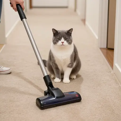 那只倔强的猫坐在走廊里，即使吸尘器靠近也纹丝不动。