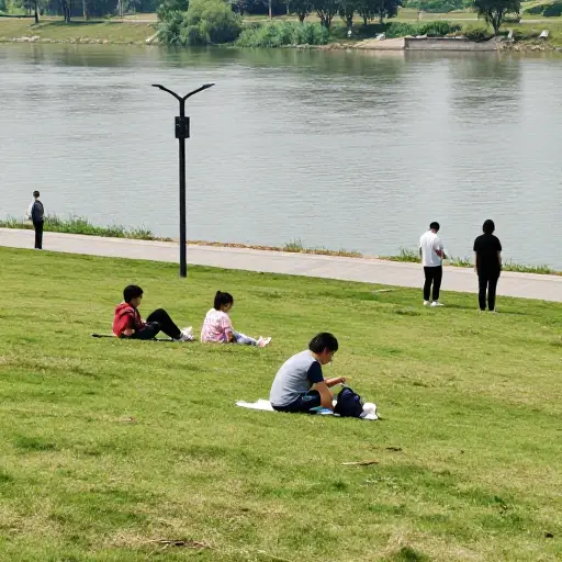 孩子们喜欢在河边的公园玩耍。