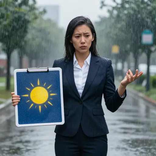 在预报了多日晴天之后，天气预报员自己遇上了一场倾盆大雨——真是讽刺的转折。