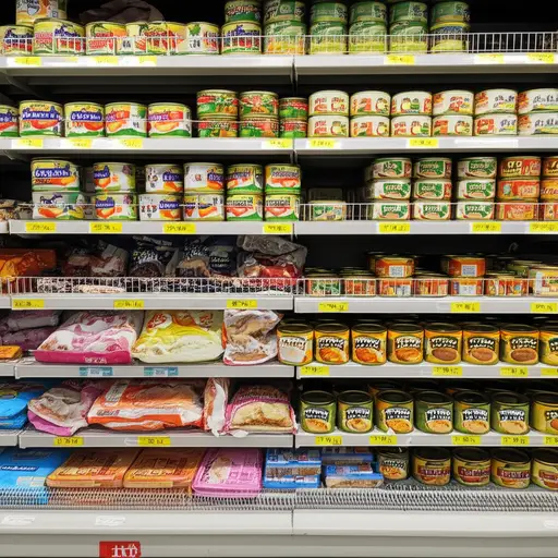 超市里有各种冷冻食品和罐头食品。