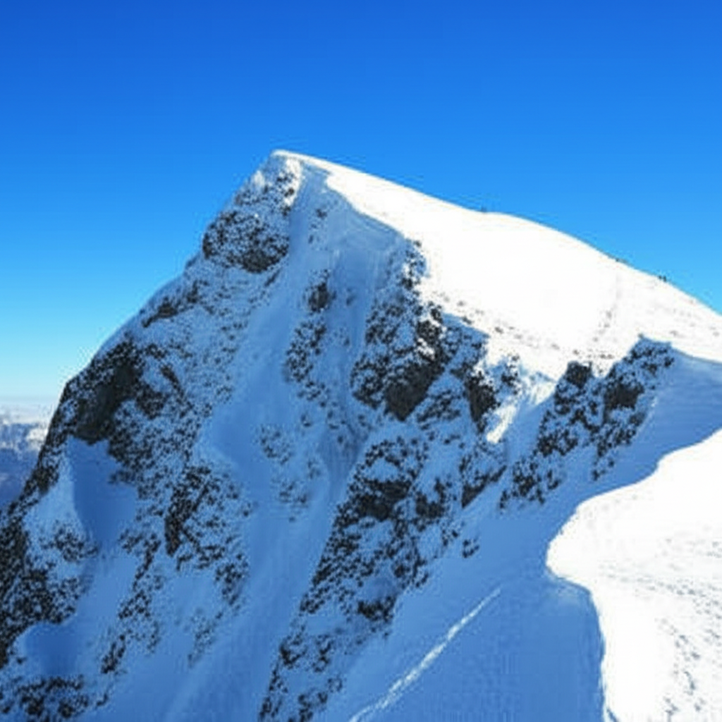 那座山峰覆盖着厚厚的积雪。