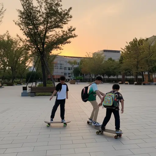放学后，孩子们经常在广场上玩滑板。