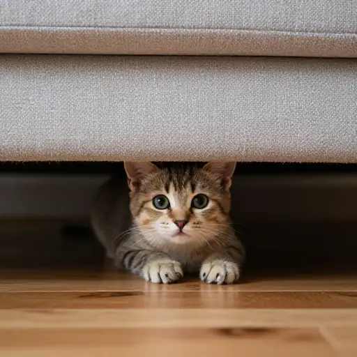 小猫从沙发底下偷看。