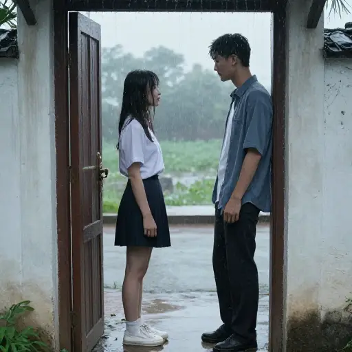 我们遇上了雨，到家时全身都湿透了。