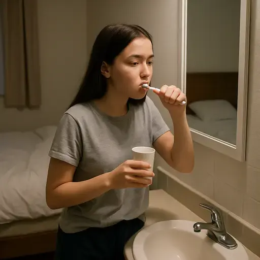 她睡觉前仔细地刷牙。