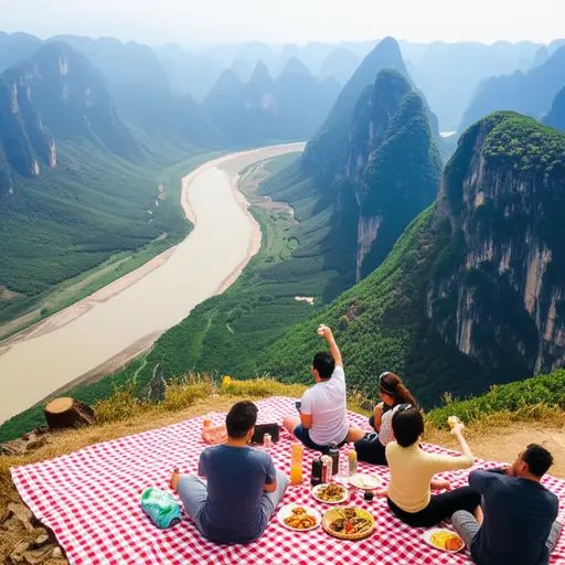我们在河边的一座悬崖上野餐，景色非常壮观。