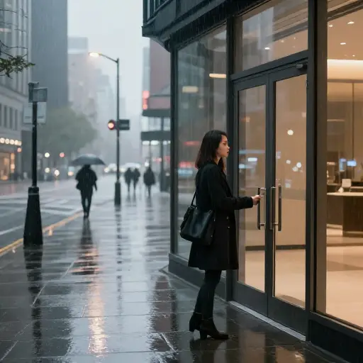 她离开办公室时，外面正下着雨。