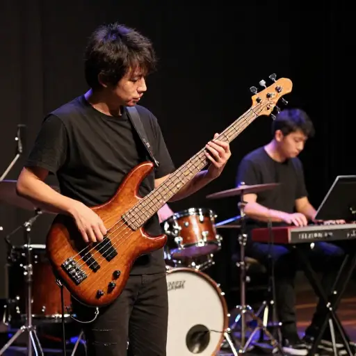 他在乐队里负责弹奏低音吉他。