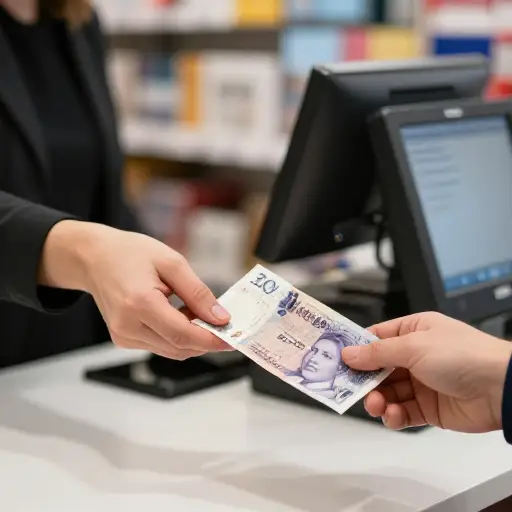 他用一张二十英镑的纸币支付。