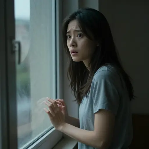 她看到窗外有人，一下子僵住了。