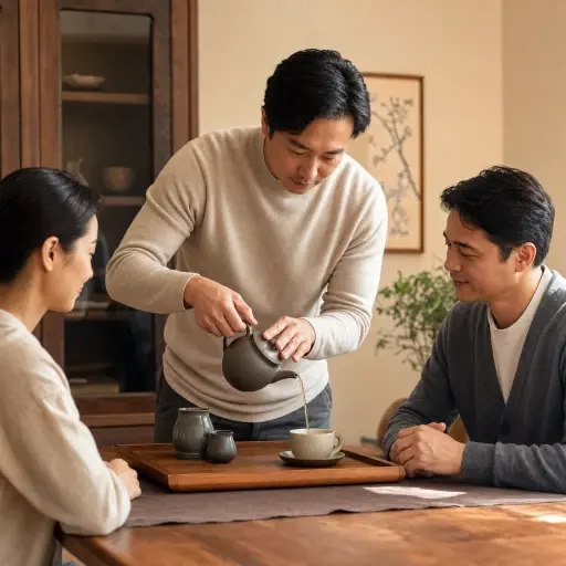 他小心地为客人倒茶。