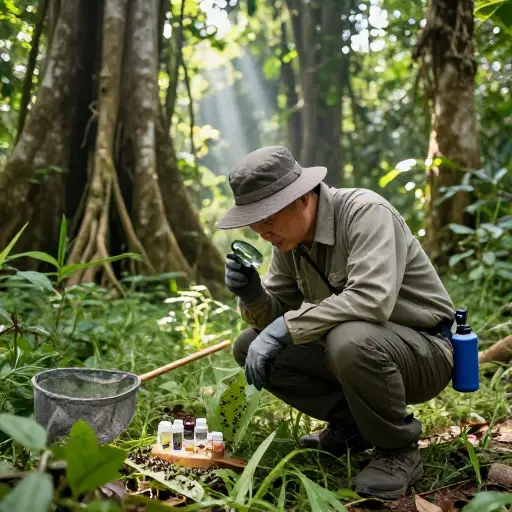 这位生物学家正在研究热带雨林中的昆虫物种。