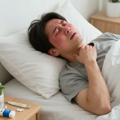 我的喉咙痛，而且我发烧了。