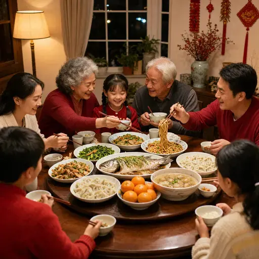 家庭通常会在团圆饭上吃某些寓意吉祥的食物。