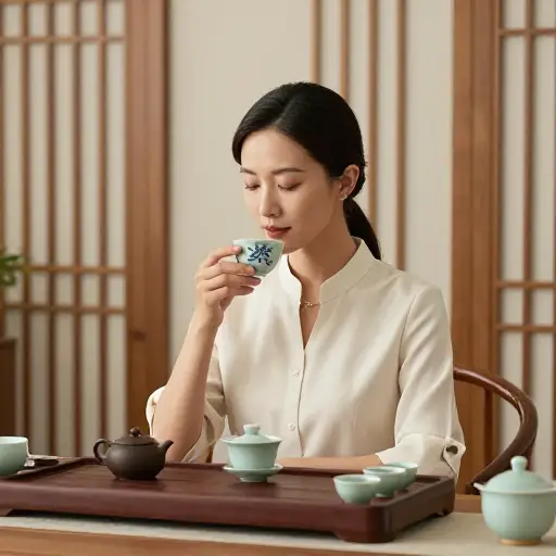 她品味着每一小口精致的茶，欣赏其微妙的香气。