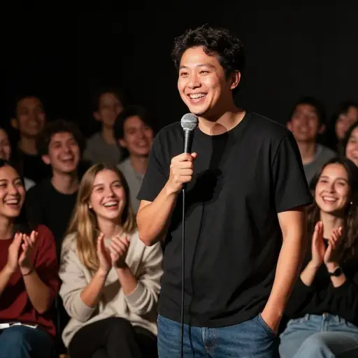 这位喜剧演员讲了有趣的笑话，让大家都笑了。