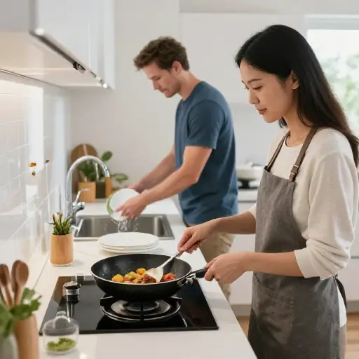 我做饭，而盖伊负责洗碗。