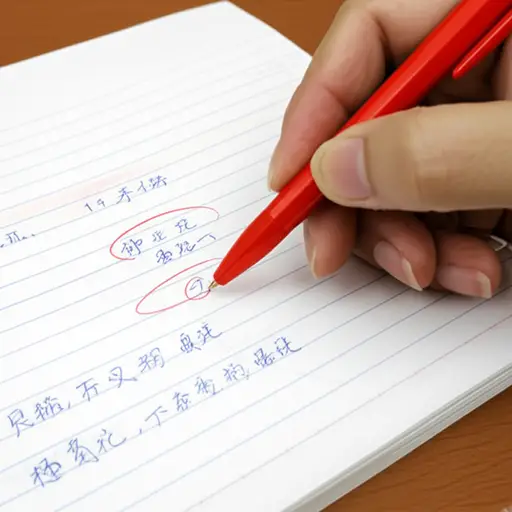 老师用红色笔标记出作业中的错误。