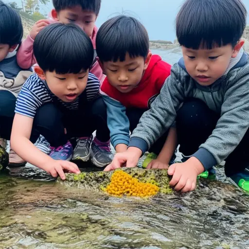 孩子们在潮池里发现了一只附着在岩石上的海绵。