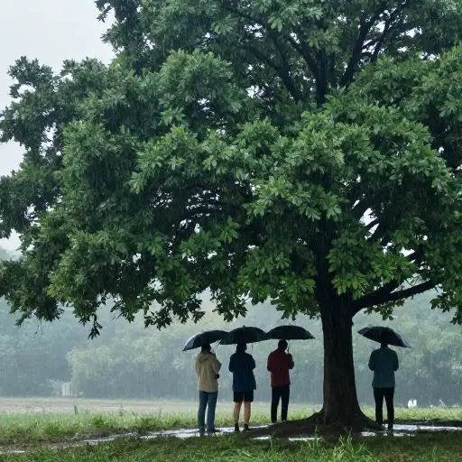 他们在一些树下躲雨，直到雨停。