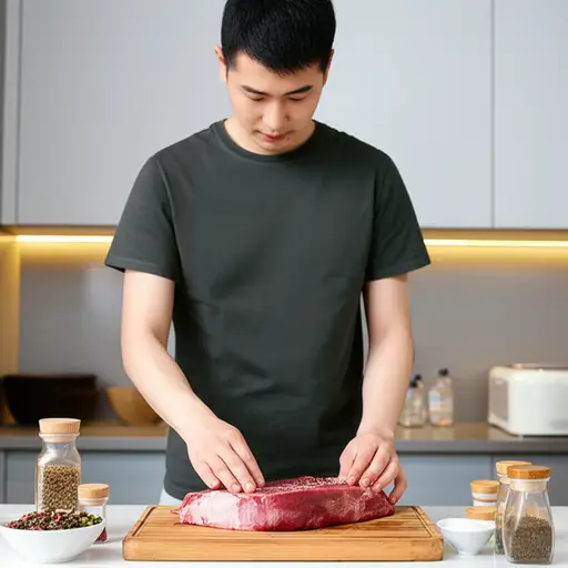 他正在用盐和香料腌制牛肉，准备制作牛肉干。