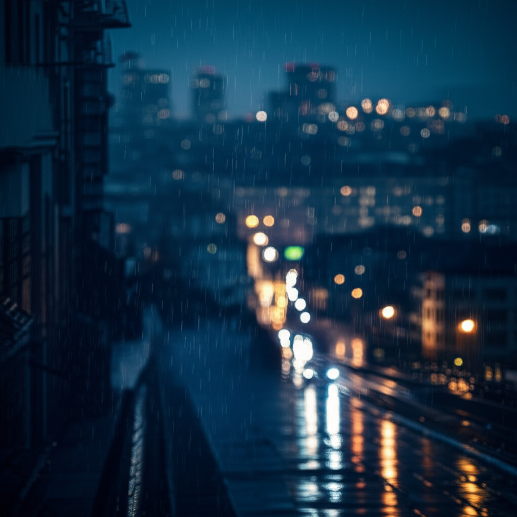 雨水模糊了远处建筑物的细节。
