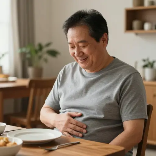 他拍了拍自己圆滚滚的肚子，笑着说吃得太饱了。