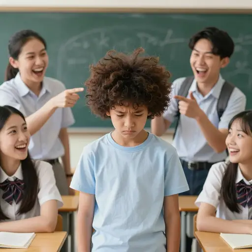 他的同学们嘲笑他奇怪的发型。