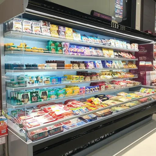 超市的大冷藏柜里存放着各种冷冻食品。