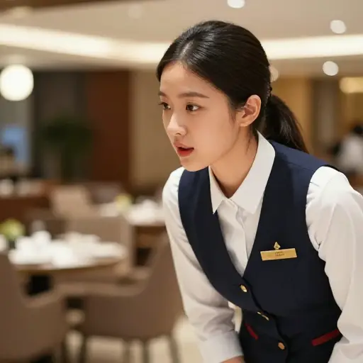 “洗手间在哪里？”她低声问服务员。