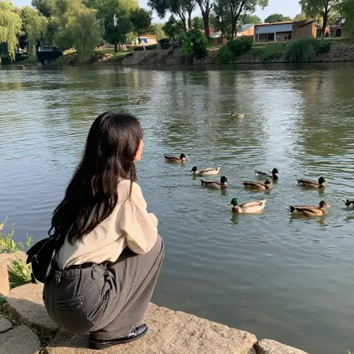 她回家的路上在河边停了一会儿，像往日习惯做的那样，看了会儿鸭子。